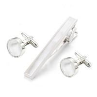 Brass Tie Clip Cufflink Set, with White Shell, silver color plated, for man, 16mm 