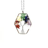 Gemstone Chip Necklaces, Natural Stone, with Brass & Iron, with 1.97Inch extender chain, Polygon, platinum color plated, tree of life design & for woman 50mm Approx 18.9 Inch 