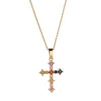Cubic Zircon Micro Pave Brass Necklace, with 1.96inch extender chain, Cross, real gold plated, oval chain & micro pave cubic zirconia & for woman Approx 15.7 Inch 