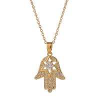 Cubic Zircon Micro Pave Brass Necklace, with 1.96inch extender chain, Hamsa, real gold plated, oval chain & micro pave cubic zirconia & for woman Approx 15.7 Inch 