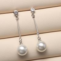 South Sea Shell Drop Earrings, Brass, with Shell Pearl, Round, silver color plated, micro pave cubic zirconia 10mm 