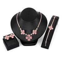 Rhinestone Zinc Alloy Jewelry Set, Stud Earring & bracelet & necklace, with Resin, Four Leaf Clover, rose gold color plated, three pieces & for woman & with rhinestone Approx 19.6 Inch, Approx  6.5 Inch 