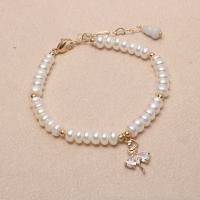 Cultured Freshwater Pearl Brass Bracelet, with Cubic Zirconia & Brass, with 1.57 extender chain, Girl, gold color plated, for woman, white, 6-7mm .3 Inch 