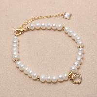 Cultured Freshwater Pearl Brass Bracelet, with Brass, with 1.57 extender chain, Heart, gold color plated, micro pave cubic zirconia & for woman, white, 6-7mm .3 Inch 