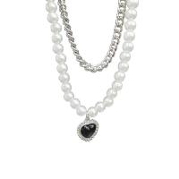 Collier de perles en plastique, alliage de zinc, avec perle de plastique, avec 1.96inch chaînes de rallonge, coeur, Placage de couleur platine, Double couche & pour femme Environ 17 pouce, Environ  14.1 pouce, Vendu par PC