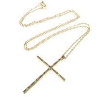 Brass Sweater Chain Necklace, Cross, gold color plated, micro pave cubic zirconia & for woman, multi-colored Approx 23.5 Inch 