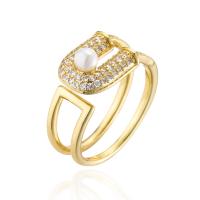 Cubic Zirconia Micro Pave Brass Finger Ring, with Plastic Pearl, 18K gold plated, Adjustable & micro pave cubic zirconia & for woman, 18mm 