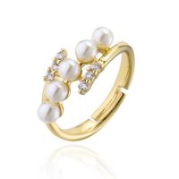Cubic Zirconia Micro Pave Brass Finger Ring, with Plastic Pearl, 18K gold plated, Adjustable & micro pave cubic zirconia & for woman, 18mm 