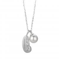 Sterling Silver Pearl Necklace, 925 Sterling Silver, with Shell Pearl, with 1.18inch extender chain, Feather, plated, oval chain & for woman 6mm Approx 15.7 Inch 