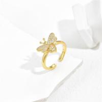 Brass Cuff Finger Ring, Bee, gold color plated, Adjustable & micro pave cubic zirconia & for woman 1.7-1.9cm 