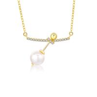 Sterling Silver Pearl Necklace, 925 Sterling Silver, with Freshwater Pearl, plated, oval chain & micro pave cubic zirconia & for woman 8mm Approx 15.7 Inch 