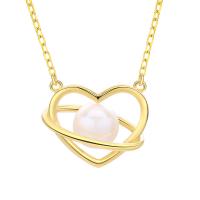 Sterling Silver Pearl Necklace, 925 Sterling Silver, with Freshwater Pearl, Heart, plated, oval chain & for woman & hollow 8mm Approx 15.7 Inch 