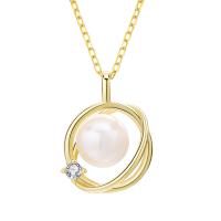 Sterling Silver Pearl Necklace, 925 Sterling Silver, with Freshwater Pearl, with 1.96inch extender chain, Globe, plated, oval chain & micro pave cubic zirconia & for woman 9mm Approx 15.7 Inch 