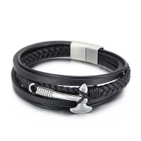 Titanium Steel Bracelet, with cowhide cord, for man, black 
