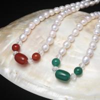 Agate Freshwater Pearl Necklace, with Green Agate & Red Agate & Brass, Rice, silver color plated, for woman 6-7mm .72 Inch 