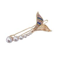 Hair Clip, Zinc Alloy, with Plastic Pearl, Mermaid tail, gold color plated, for woman & with rhinestone & hollow 66mm 