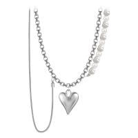 Plastic Pearl Necklace, 314 Stainless Steel, with Plastic Pearl, Heart, fashion jewelry & multilayer & for woman, 320mm Approx 16.9 Inch 