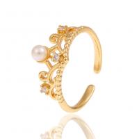 Brass Cuff Finger Ring, with Plastic Pearl, Crown, gold color plated, micro pave cubic zirconia & for woman, golden, 20mm 