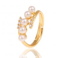 Brass Open Finger Ring, with Plastic Pearl, gold color plated, micro pave cubic zirconia & for woman, golden, 21mm 
