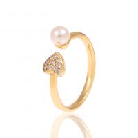 Brass Cuff Finger Ring, with Plastic Pearl, Heart, gold color plated, micro pave cubic zirconia & for woman, golden, 20mm 