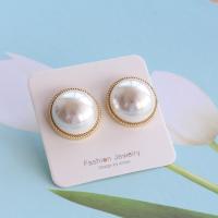 Plastic Pearl Zinc Alloy Earring, with Zinc Alloy, Dome, gold color plated, for woman, white 