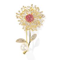 Brass Brooch, with Shell Pearl, Dandelion, gold color plated, micro pave cubic zirconia & for woman 
