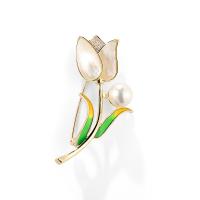 Brass Brooch, with Shell Pearl & White Shell, Tulip, 18K gold plated, micro pave cubic zirconia & for woman & enamel 