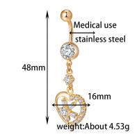 Brass Belly Ring, with Cubic Zirconia, Heart, gold color plated, for woman & faceted, golden 