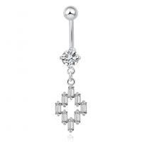 Brass Belly Ring, with Cubic Zirconia, Rhombus, platinum color plated, for woman & faceted, platinum color 