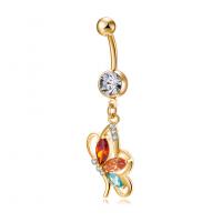 Brass Belly Ring, with Cubic Zirconia, Butterfly, gold color plated, for woman & faceted 