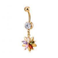 Brass Belly Ring, with Cubic Zirconia, Flower, gold color plated, for woman & faceted 
