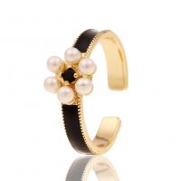 Pearl Brass Finger Ring, with Plastic Pearl, Flower, gold color plated, Adjustable & micro pave cubic zirconia & for woman & enamel 