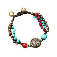 Turquoise Bracelets, Natural Turquoise, with Wax Cord & Brass, gold color plated, vintage & for woman, mixed colors Approx 18.5 cm 