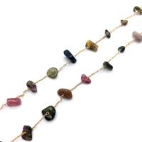 Chaîne de perles de pierre gemme, avec bobine plastique & laiton, Placage de couleur d'or, DIY, multicolore, Environ Vendu par bobine