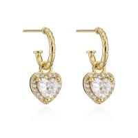 Brass Drop Earring, brass post pin, Heart, micro pave cubic zirconia & for woman 