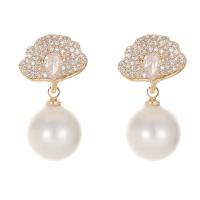 Cubic Zirconia Micro Pave Brass Earring, with Plastic Pearl, gold color plated, fashion jewelry & micro pave cubic zirconia 