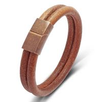 Titanium Steel Bracelet, with PU Leather, fashion jewelry & for man, brown 
