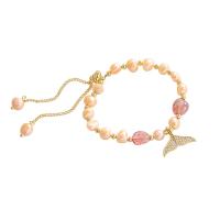 Plastic Jewelry Bracelet, Zinc Alloy, with Rose Quartz & Plastic Pearl, real gold plated, micro pave cubic zirconia & for woman, mixed colors, 19mm Approx 21 cm 