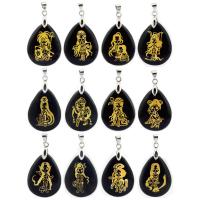 Black Obsidian Pendants, with Brass, 12 Signs of the Zodiac, silver color plated, Unisex black 