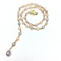 Freshwater Pearl Sweater Chain Necklace, with Brass, brass fishhook clasp, for woman, mixed colors, 6-8mm cm 