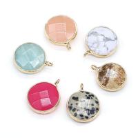 Gemstone Brass Pendants, Natural Stone, with Brass, Flat Round, gold color plated & Unisex & faceted 