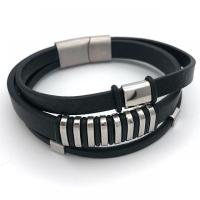PU Leather Bracelet, with 304 Stainless Steel, Round, silver color plated, fashion jewelry & for man, black .5 cm 