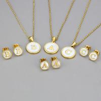 Titanium Steel Jewelry Set, Stud Earring & necklace, with White Shell, gold color plated, 2 pieces & fashion jewelry & Unisex & with letter pattern, golden, 16mm,10mm Approx 19.69 Inch 