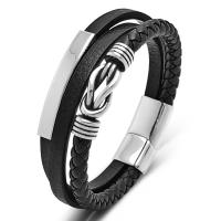PU Leather Bracelet, with 304 Stainless Steel, Round, silver color plated & for man, black 