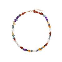 Gemstone Chip Necklaces, Natural Gravel, with Plastic Pearl & Zinc Alloy, zinc alloy lobster clasp, for woman, mixed colors cm 