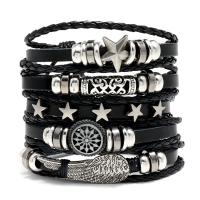 PU Leather Bracelet Set, with Wax Cord & Copper Coated Plastic & Zinc Alloy, Round, silver color plated, 5 pieces & Adjustable & fashion jewelry & Unisex, black, 170-180mm,80-90mm 