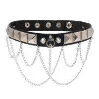 Fashion Choker Necklace, PU Leather, with Aluminum & Iron, Round, silver color plated, Adjustable & fashion jewelry & for woman, black 