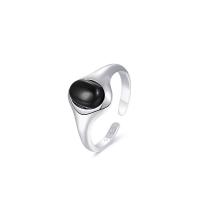 Black Agate Finger Ring, 925 Sterling Silver, with Black Agate, platinum plated, adjustable & for woman US Ring 