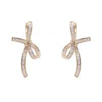 Brass Drop Earring, Bowknot, gold color plated, micro pave cubic zirconia & for woman, 33mm 