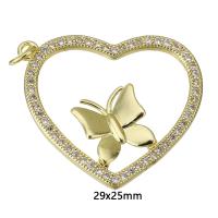 Cubic Zirconia Micro Pave Brass Pendant, Heart, gold color plated, with butterfly pattern & micro pave cubic zirconia & hollow Approx 4mm 